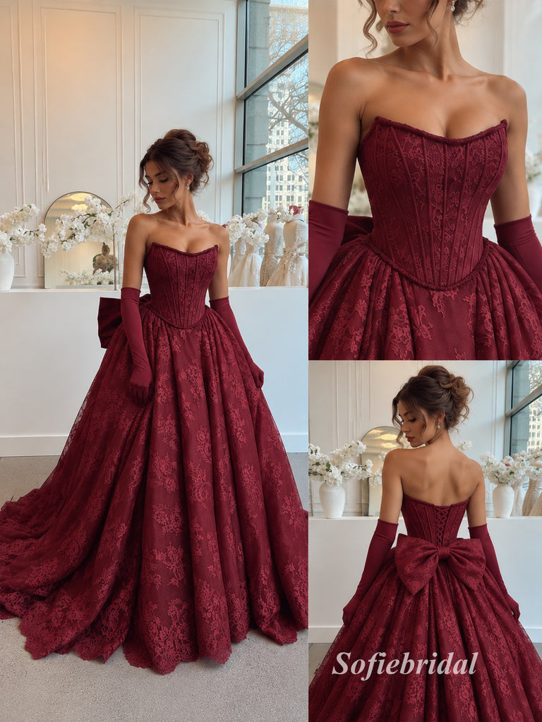 Strapless Sweetheart Lace A-Line Evening Dress, Corset Bodice With Matching Gloves Burgundy Formal Gown, PD13959
