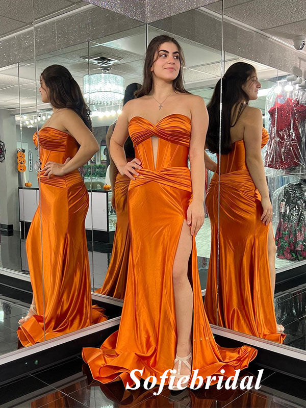 Sexy Orange Soft Satin Sweetheart Side Slit Mermaid Long Prom Dresses, PD0948