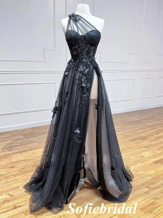 Sexy Tulle One Shoulder Sleeveless Side Slit A-Line Long Prom Dresses With Applique, PD0925