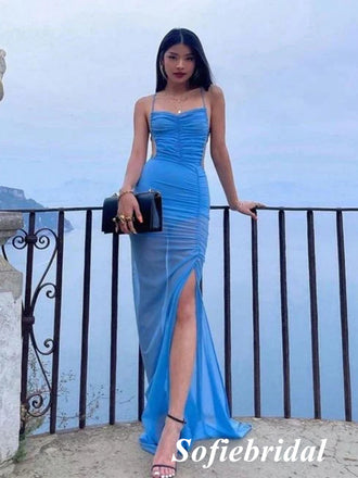 Sexy Blue Chiffon Spaghetti Straps Sleeveless Side Slit Mermaid Floor Length Prom Dress, PD01047