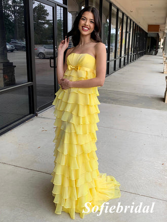 Elegant Yellow Chiffon Sweetheart A-Line Floor Length Prom Dress With Belt, PD01043