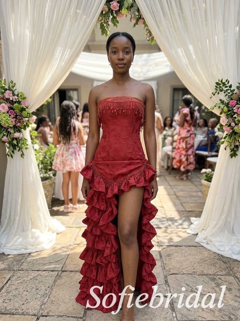 Burgundy Jacquard Strapless Beaded Fringe Corset High Low Ruffled Floor Length Sheath Prom Gown,PD1355