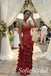 Burgundy Jacquard Strapless Beaded Fringe Corset High Low Ruffled Floor Length Sheath Prom Gown,PD1355