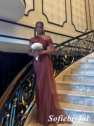 Sexy Brown Tulle And Soft Satin Sleeveless Mermaid Floor Length Bridesmaid Dresses With Trailing, SFWG00523