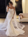 Strapless Sweetheart Lace Mermaid Wedding Dress, Long Lace Veil & Cathedral Train Bridal Gown, SFWD0140