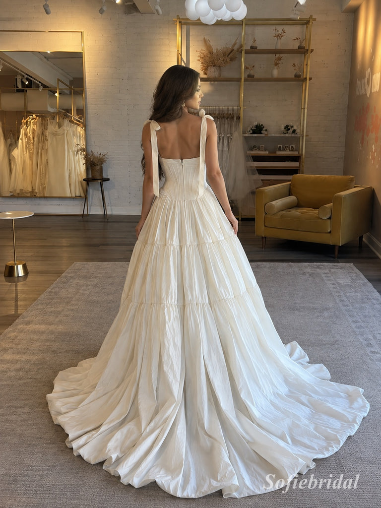 Square Neck Bow Strap Tiered Satin Wedding Dress, Corset Bodice Floor Length A-Line Bridal Gown,SFWD0120