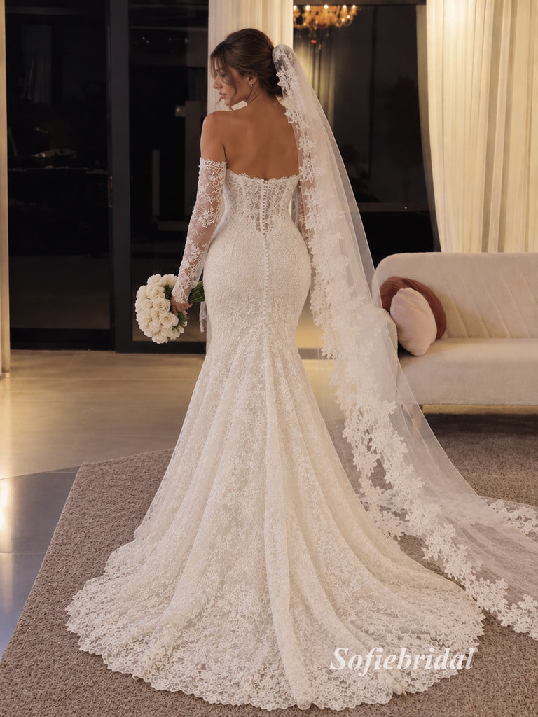 Strapless Sweetheart Lace Mermaid Wedding Dress, Long Lace Veil & Cathedral Train Bridal Gown, SFWD0140