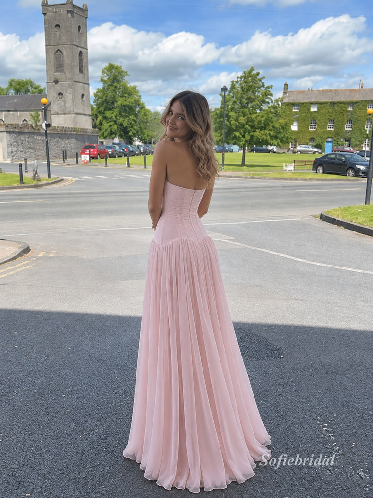 Blush Strapless Ruched Tulle Ball Gown, Pleated Formal Prom Evening Dress, PD13934
