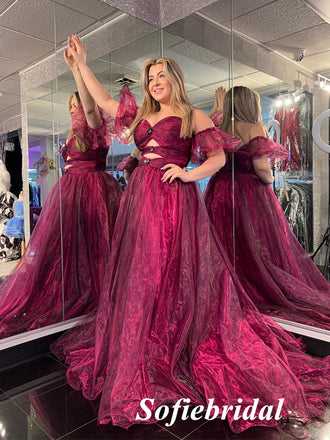 Sexy Organza Sweetheart Side Slit A-Line Long Prom Dresses, PD0950