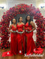 Mismatched Red Soft Satin Sleeveless Side Slit Mermaid Floor Length Bridesmaid Dresses, SFWG00592