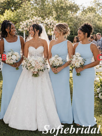 Pale Blue Stretch Jersey Mismatched Bridesmaid Dresses Simple Elegant Wedding Party Gowns, SFWG00647