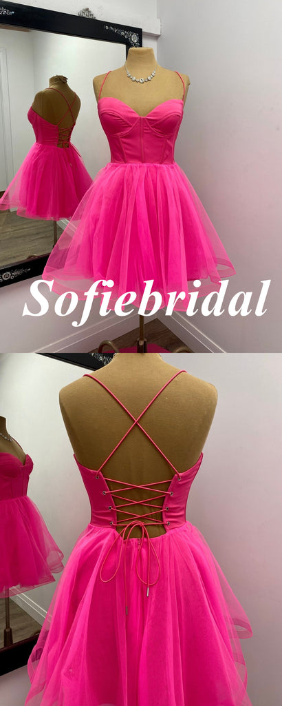 Sexy Hot Pink Spaghetti Straps Sleeveless Criss Cross A-Line Mini Dresses/ Homecoming Dresses, HD0299