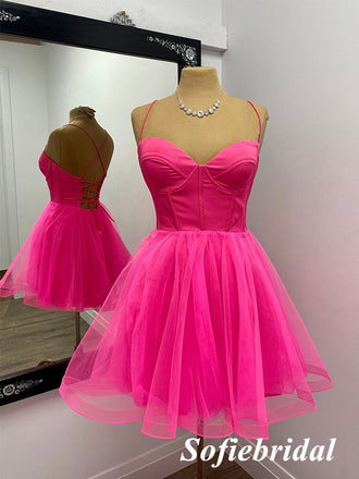 Sexy Hot Pink Spaghetti Straps Sleeveless Criss Cross A-Line Mini Dresses/ Homecoming Dresses, HD0299
