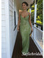 Green Sequin Spaghetti Strap Deep V Criss Cross Back Mermaid Evening Gown, PD01257