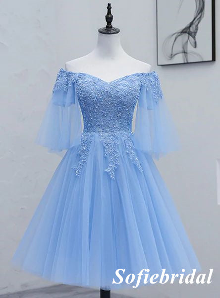 Elegant Blue Tulle And Lace Off Shoulder A-line Mini Dresses/ Homecoming Dresses, HD0318