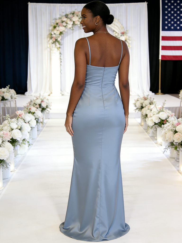 Elegant Dusty Blue Satin Bridesmaid Dresses with Spaghetti Straps and High Slit, SFWG00619