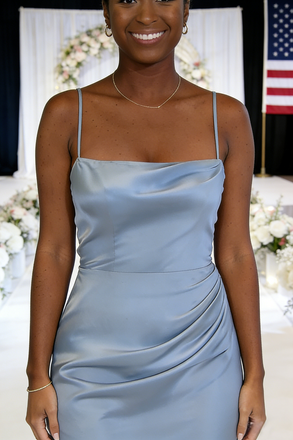 Elegant Dusty Blue Satin Bridesmaid Dresses with Spaghetti Straps and High Slit, SFWG00619