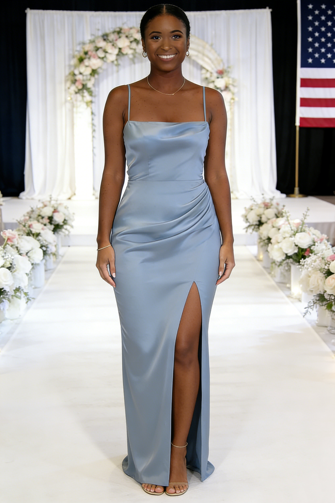 Elegant Dusty Blue Satin Bridesmaid Dresses with Spaghetti Straps and High Slit, SFWG00619