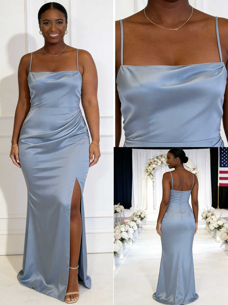 Elegant Dusty Blue Satin Bridesmaid Dresses with Spaghetti Straps and High Slit, SFWG00619