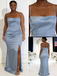 Elegant Dusty Blue Satin Bridesmaid Dresses with Spaghetti Straps and High Slit, SFWG00619