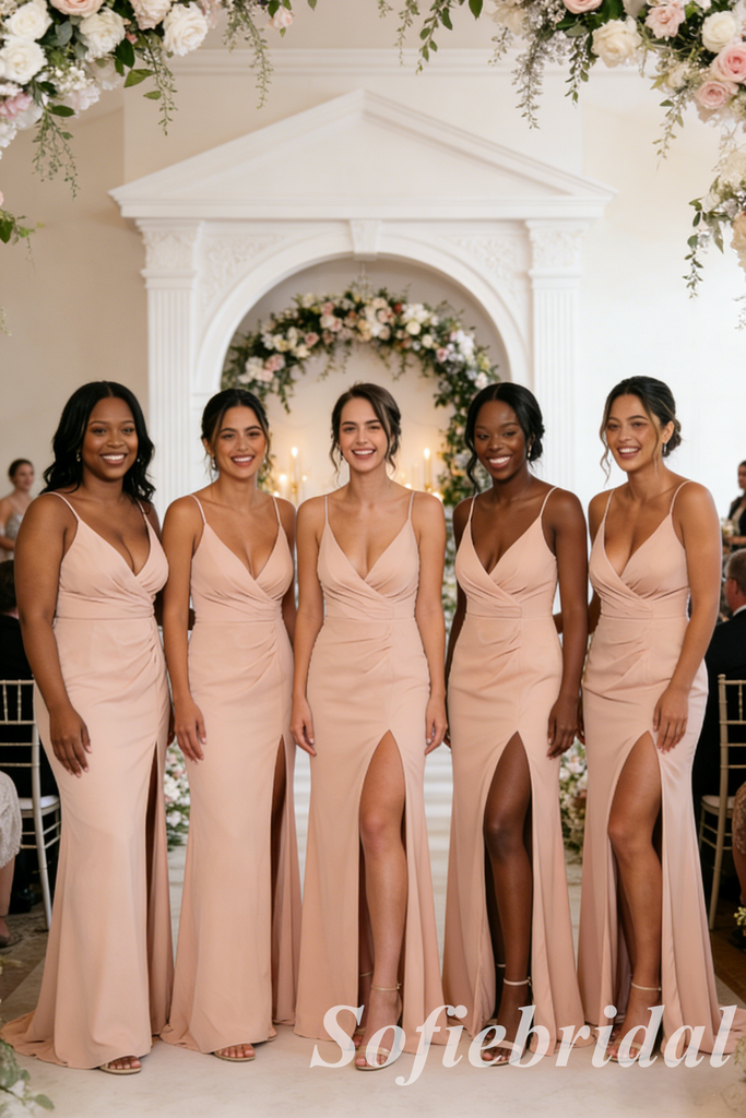 Blush Spaghetti Strap Bridesmaid Dress V-Neck High Slit Jersey Wedding Guest Gown, SFWG00622