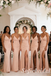Blush Spaghetti Strap Bridesmaid Dress V-Neck High Slit Jersey Wedding Guest Gown, SFWG00622