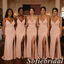 Blush Spaghetti Strap Bridesmaid Dress V-Neck High Slit Jersey Wedding Guest Gown, SFWG00622