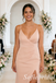 Blush Spaghetti Strap Bridesmaid Dress V-Neck High Slit Jersey Wedding Guest Gown, SFWG00622