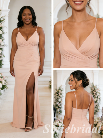 Blush Spaghetti Strap Bridesmaid Dress V-Neck High Slit Jersey Wedding Guest Gown, SFWG00622