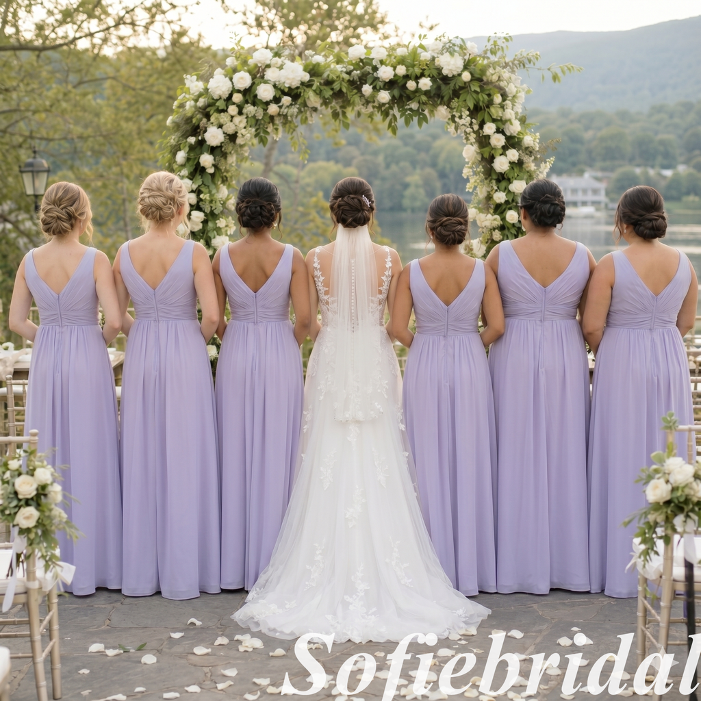 Lavender Chiffon V-Neck Sleeveless Twist Waist  Floor Length Bridesmaid Dress, SFWG00644