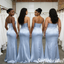 Elegant Ice Blue Satin Spaghetti Straps Cowl Mermaid Bridesmaid Dresses with Slit, SFWG00624