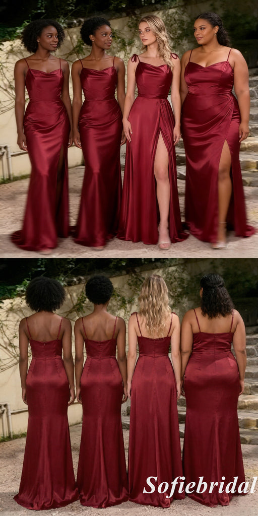 Luxury Mismatched Burgundy Satin Maxi Bridesmaid Dresses For Fall Wedding Guest, SFWG00625