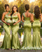 Elegant Olive Green Soft Satin One Shoulder Mermaid Bridesmaid Dresses with Appliques, SFWG00630