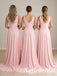 Blushing-Pink V-Neck Chiffon A-Line Bridesmaid Dresses with Slit, SFWG00632