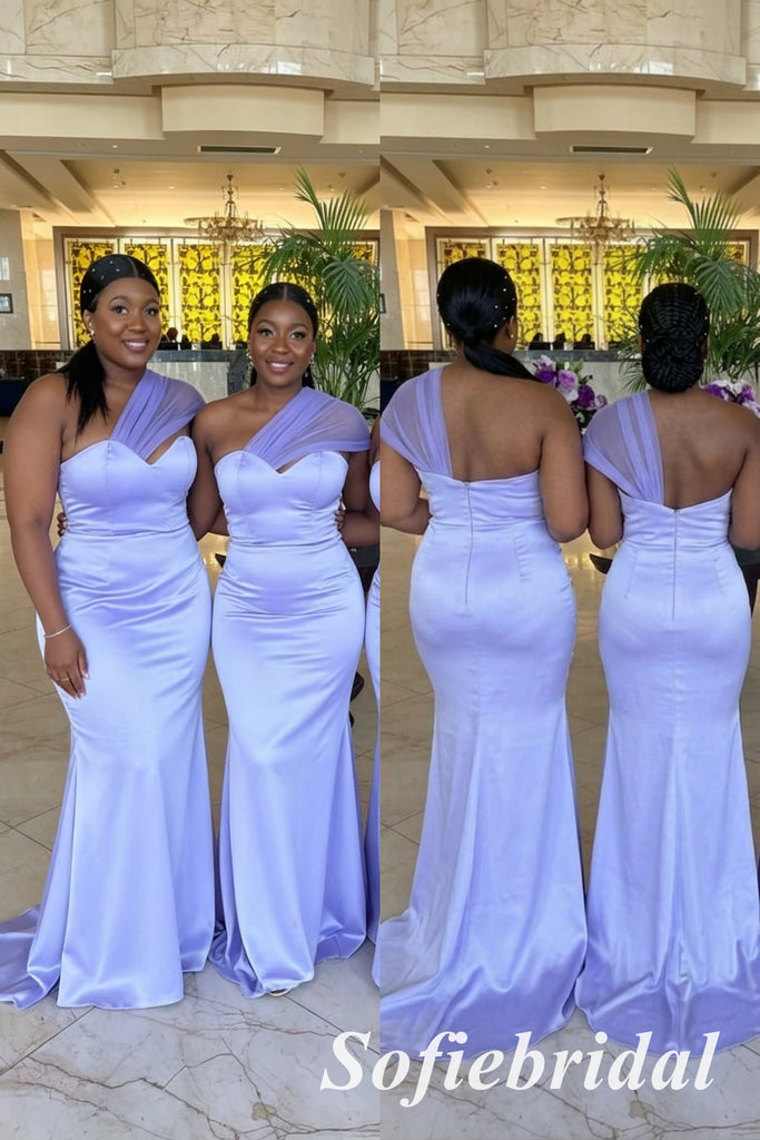 Elegant Lavender Soft Satin One Shoulder Mermaid Bridesmaid Gowns, SFWG00633