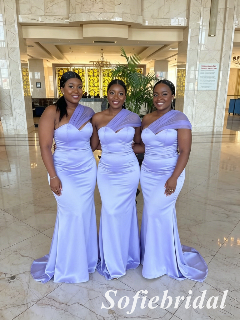 Elegant Lavender Soft Satin One Shoulder Mermaid Bridesmaid Gowns, SFWG00633