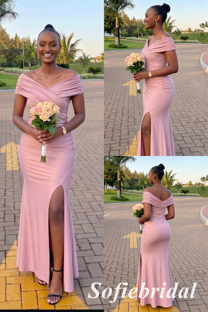 Simple Dusty-Pink Off Shoulder Side Slit Mermaid Bridesmaid Dresses Wedding Guest, SFWG00634