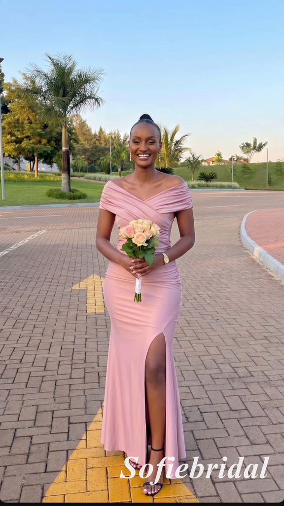 Simple Dusty-Pink Off Shoulder Side Slit Mermaid Bridesmaid Dresses Wedding Guest, SFWG00634