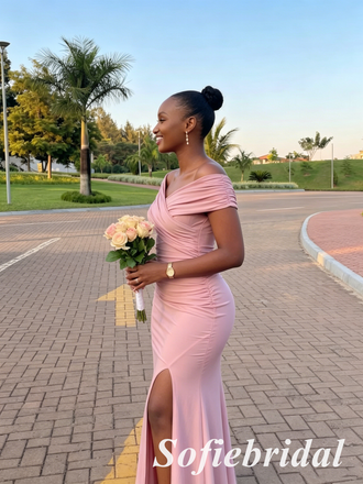 Simple Dusty-Pink Off Shoulder Side Slit Mermaid Bridesmaid Dresses Wedding Guest, SFWG00634