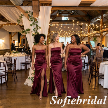 Mismatched Burgundy Satin Strapless Bridesmaid Dress With Slit For Wedding Guest, SFWG00637