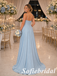 Elegant Light-Blue Satin Spaghetti Straps A-Line Bridesmaid Dress, SFWG00641