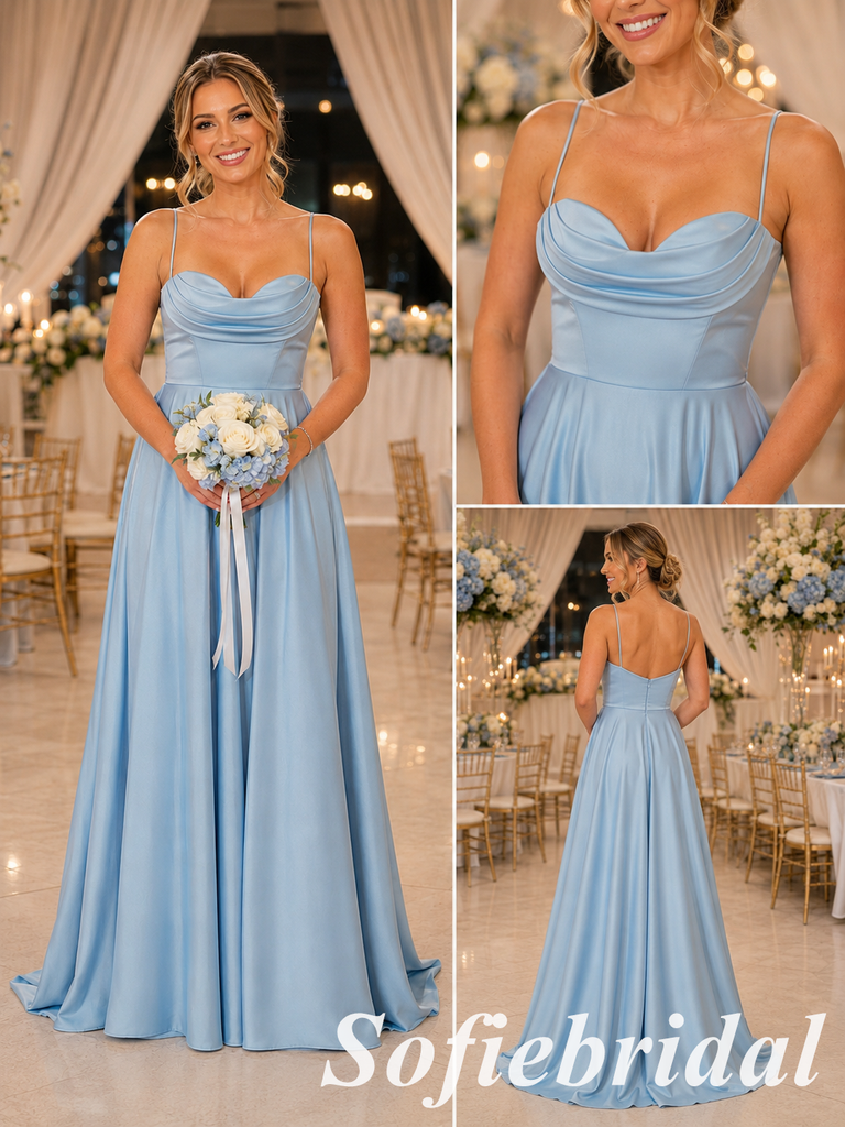 Elegant Light-Blue Satin Spaghetti Straps A-Line Bridesmaid Dress, SFWG00641