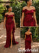 Luxury Burgundy Off Shoulder Side Slit Mermaid Bridesmaid Dress With Floral Accent, SFWG00645