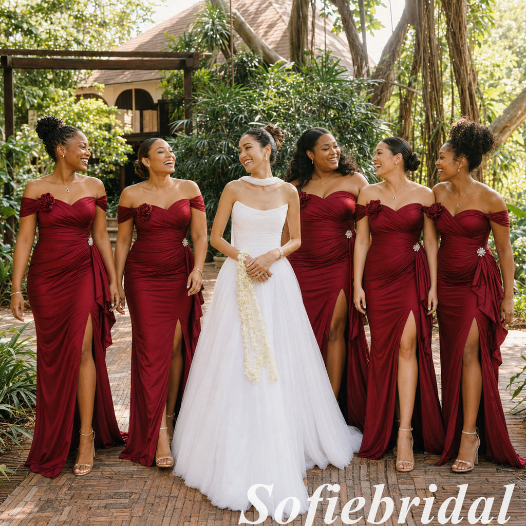 Luxury Burgundy Off Shoulder Side Slit Mermaid Bridesmaid Dress With Floral Accent, SFWG00645