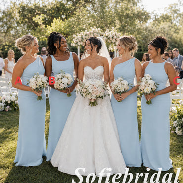 Pale Blue Stretch Jersey Mismatched Bridesmaid Dresses Simple Elegant Wedding Party Gowns, SFWG00647