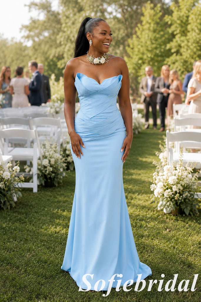 Sexy Sky Blue Soft Satin Strapless Pleated Floor Length Mermaid Bridesmaid Gown, SFWG00648