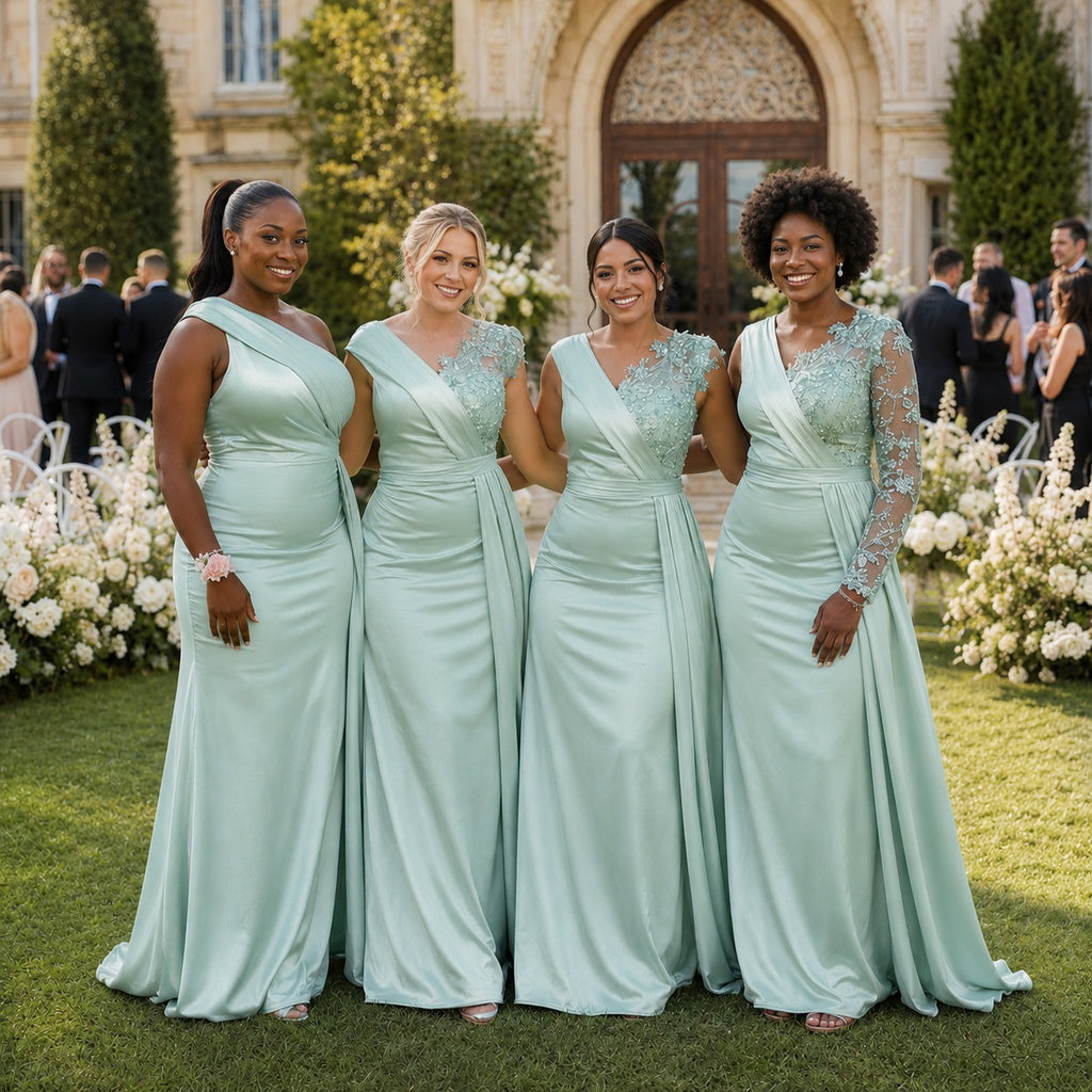 Mint Green Gloss Satin Mismatched Floor Length Mermaid Bridesmaid Gowns, SFWG00646