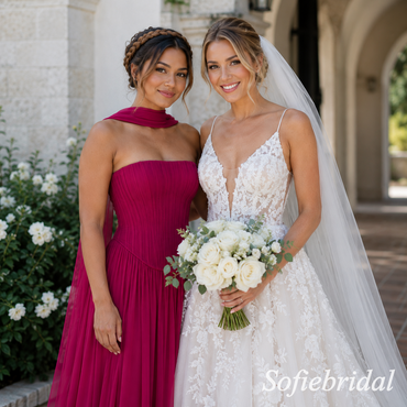 Fuchsia Chiffon Pleated Strapless Corset Floor Length Mermaid Bridesmaid Gown, SFWG00713