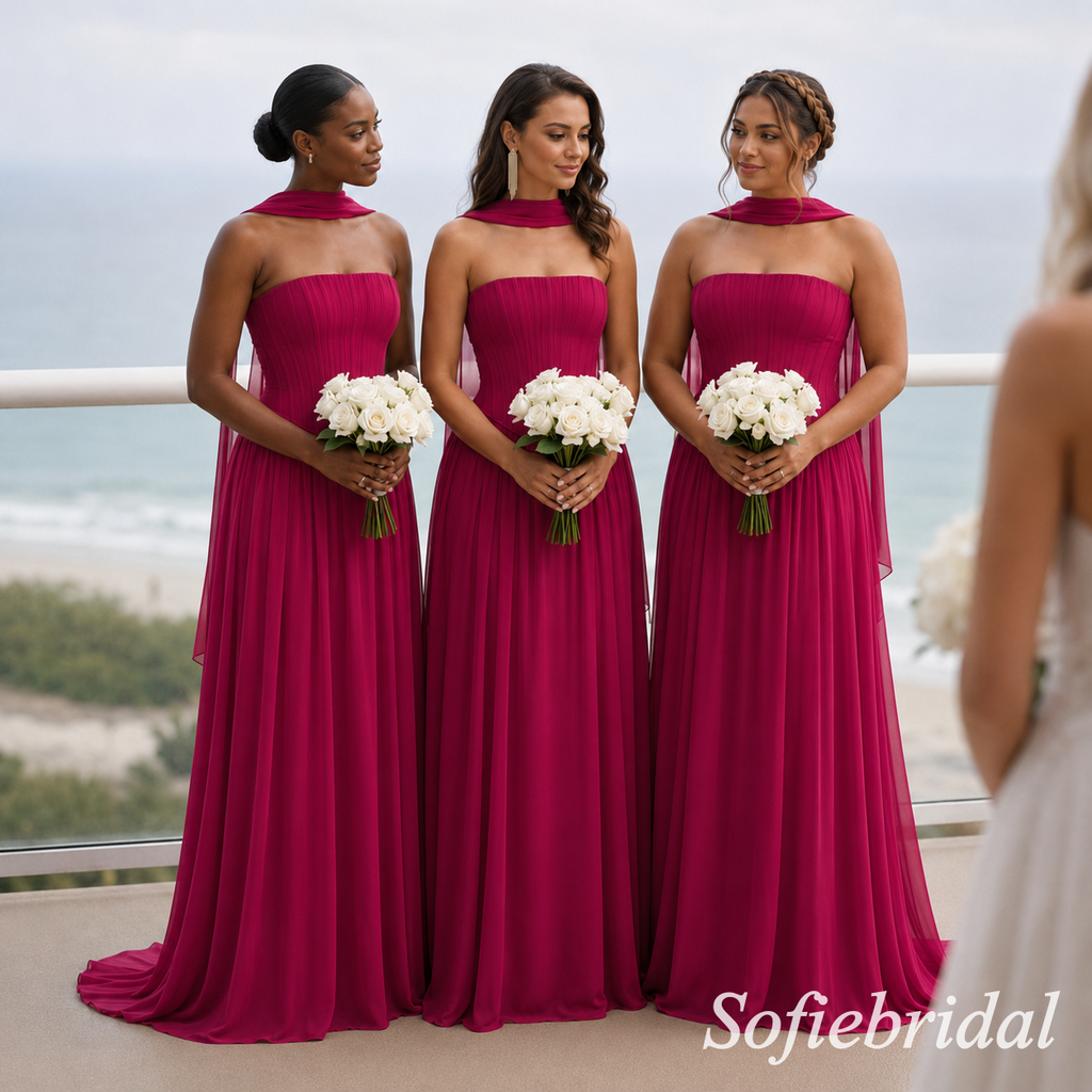 Fuchsia Chiffon Pleated Strapless Corset Floor Length Mermaid Bridesmaid Gown, SFWG00713