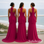 Fuchsia Chiffon Pleated Strapless Corset Floor Length Mermaid Bridesmaid Gown, SFWG00713
